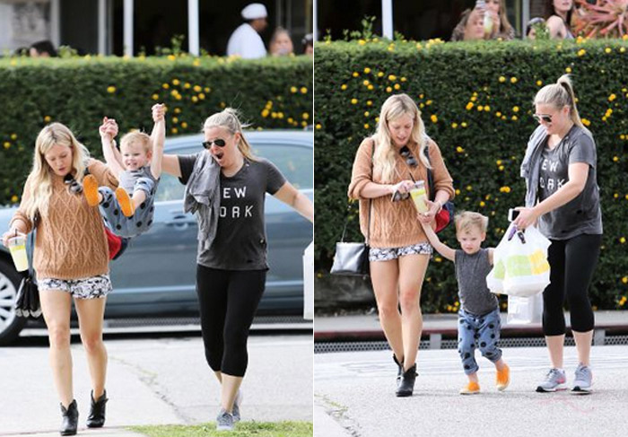 Hilary Duff mostra boa forma ao se divertir com o filho Luca