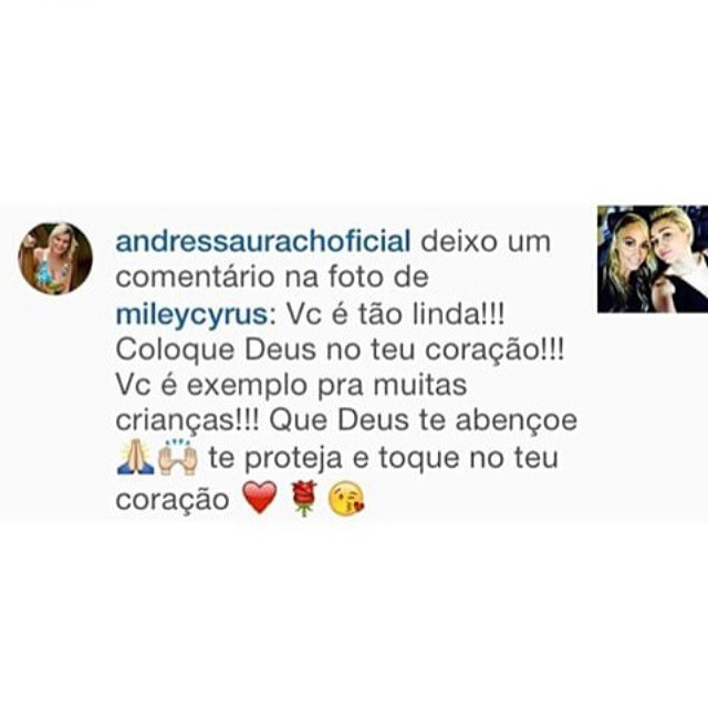 Andressa Urach manda recado para Miley Cyrus: ‘Coloque Deus no teu coração!’