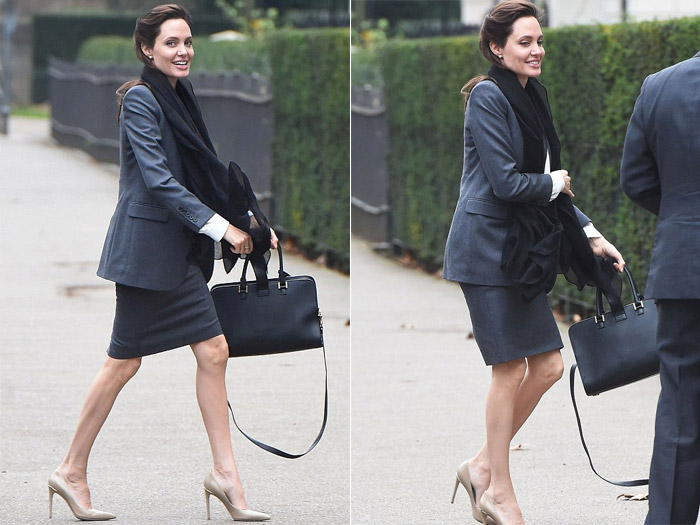 Com pernas de fora, Angelina Jolie participa de reunião de negócios em Londres