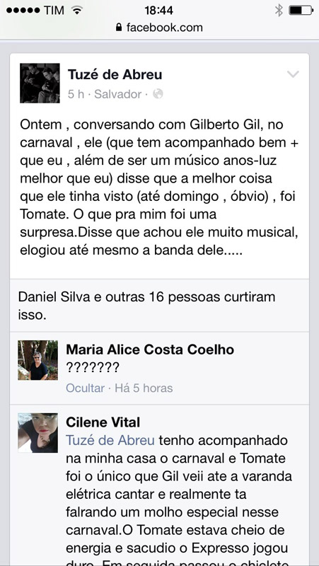 Salvador: Gilberto Gil fala que Tomate foi o melhor que viu durante o Carnaval