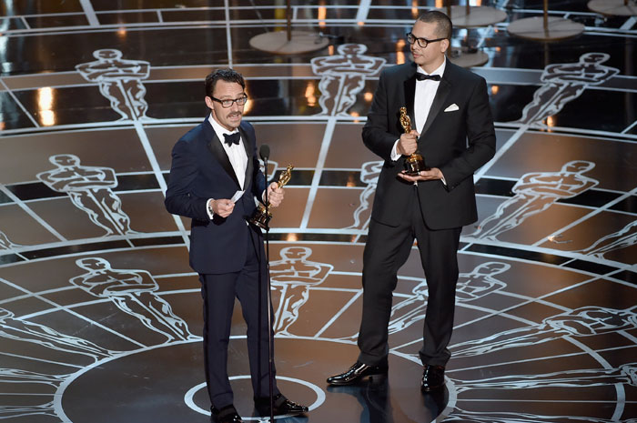 Oscar 2015: Show e premiação dos indicados.Prêmio de Melhor Curta-Metragem vai para The Phone Call. Na foto, Mat Kirkby e  James Lucas
