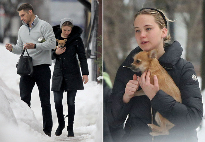 Jennifer Lawrence passeia com seu cachorrinho mesmo na neve