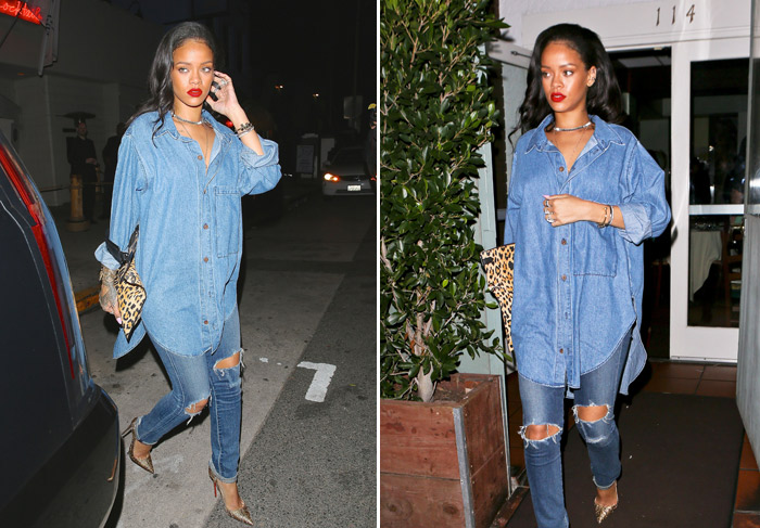 Rihanna usa look jeans dos pés a cabeça para jantar em Los Angeles