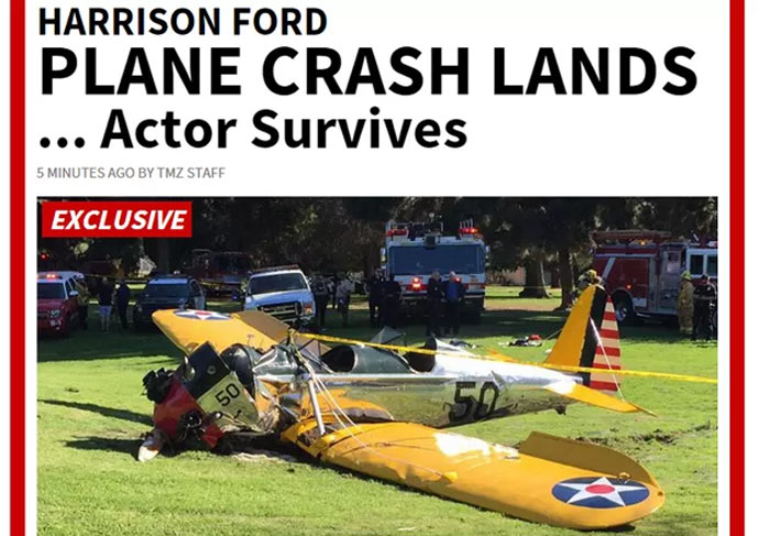 Harrison Ford sofre acidente de avião, nos Estados Unidos