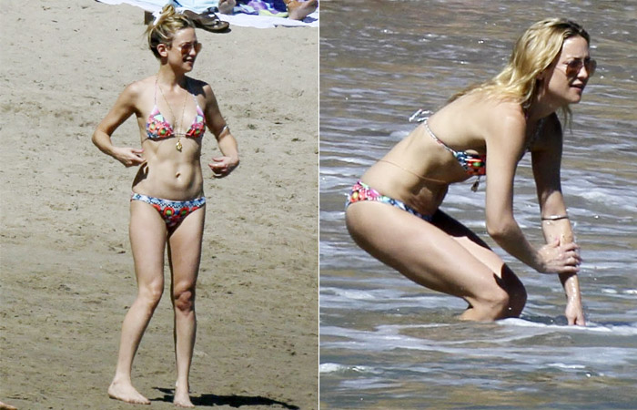 Kate Hudson mostra o corpão em dia de praia com Chris Martin