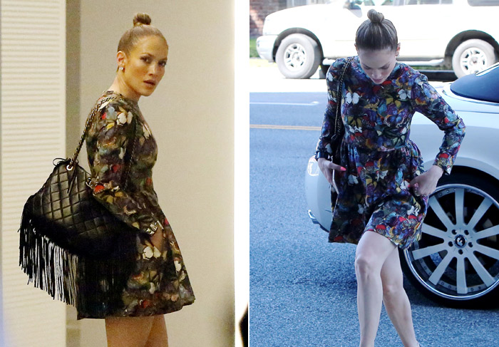 Jennifer Lopez investe em vestido florido para reunião de negócios