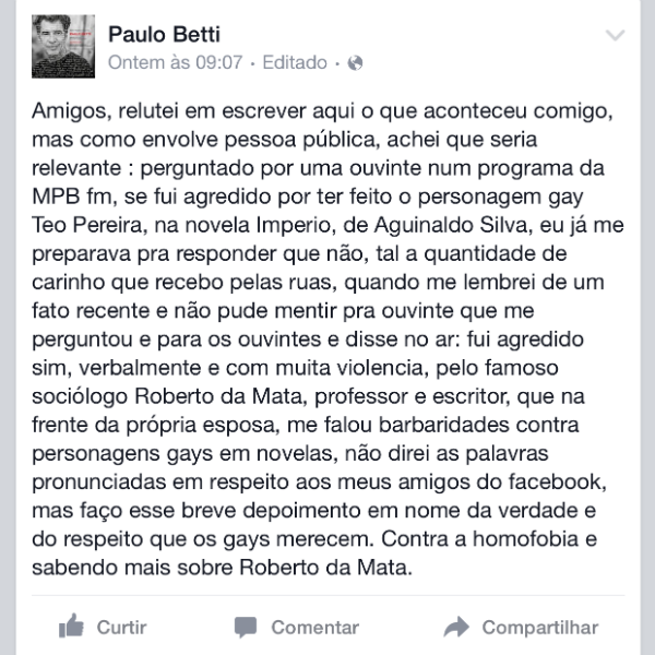 Paulo Betti acusa antropólogo de homofobia