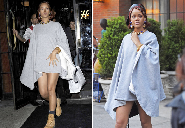  Rihanna deixa pernas à mostra ao usar poncho em Nova York