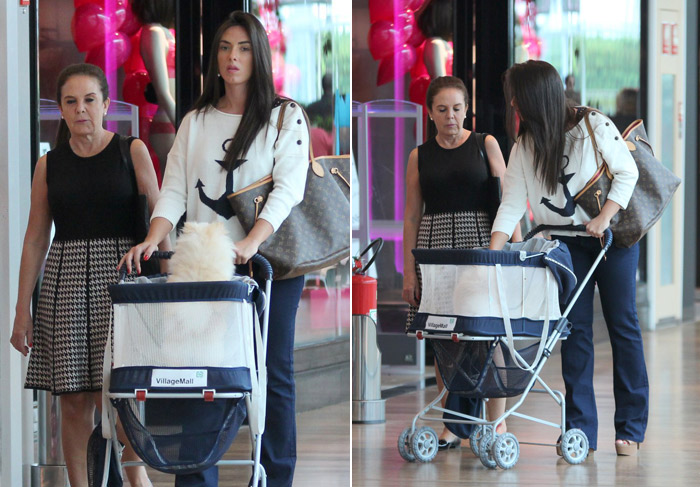 Nicole Bahls coloca pet em carrinho para passear no shopping