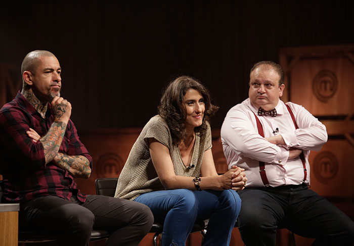 Os chefs  Herinque Fogaça, Paola Carosella e Erick Jacquin, jurados do MasterChef. Foto: Divulgação/Band