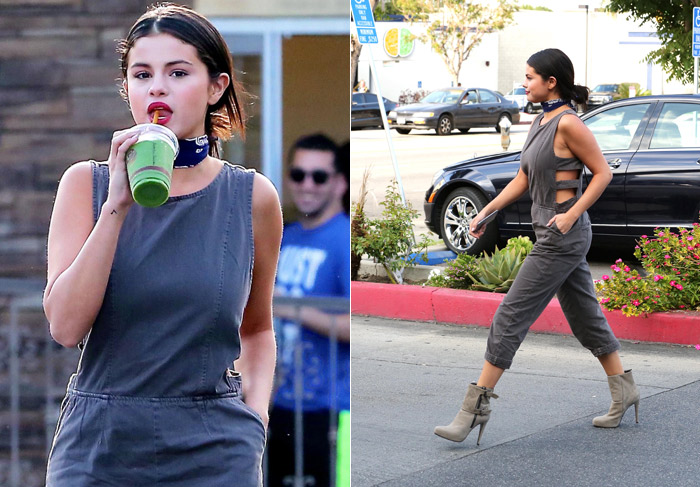 Selena Gomez aposta no suco verde durante passeio