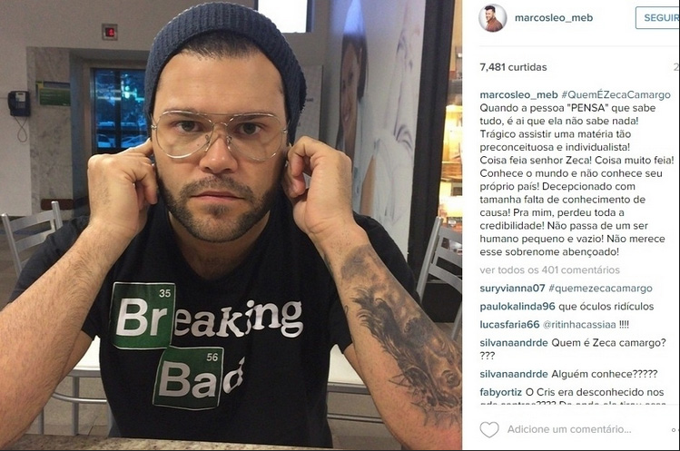 Marcos, da dupla com Belutti, também falou sobre preconceito contra a música sertaneja. Ele ainda chamou a matéria de Zeca Camargo de Individualista no texto publicado no Instagram