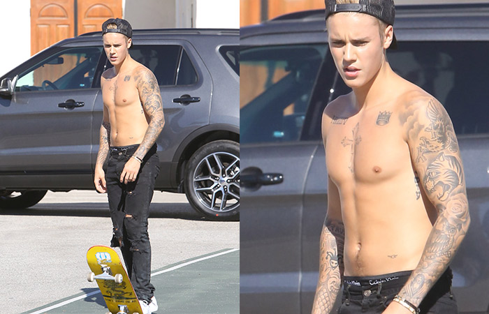 Justin Bieber mostra o tanquinho ao andar de skate