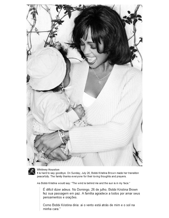 Perfil de Whitney Houston na web homenageia Bobbi Kristina
