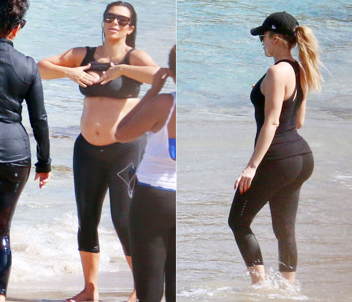 Kim Kardashian mostra o barrigão em praia de St. Barths