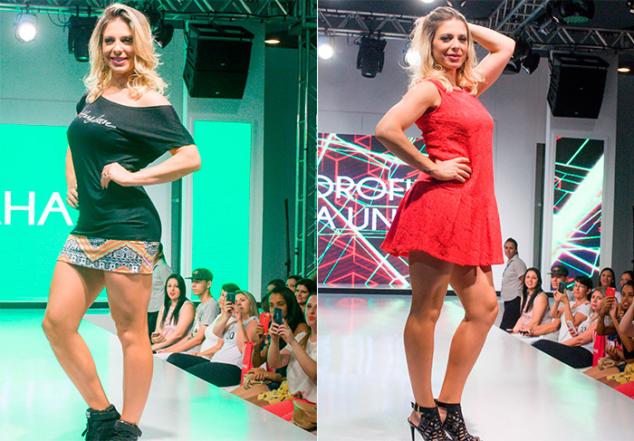 Com pernas de fora, Sheila Mello desfila em evento de moda