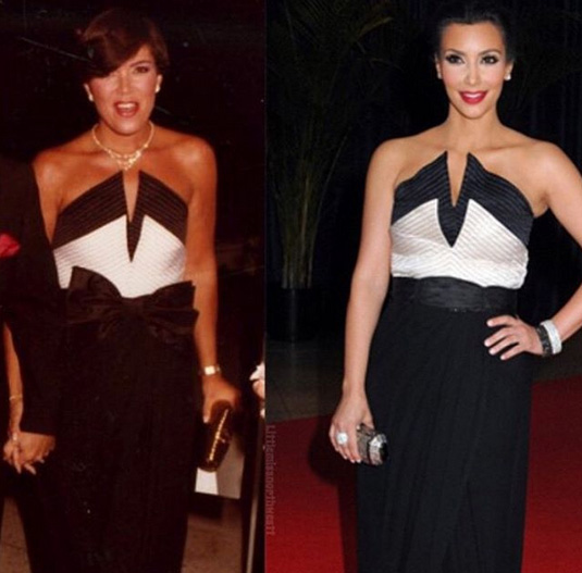 Kris Jenner msotra Kim Kardashian usando vestido que era seu