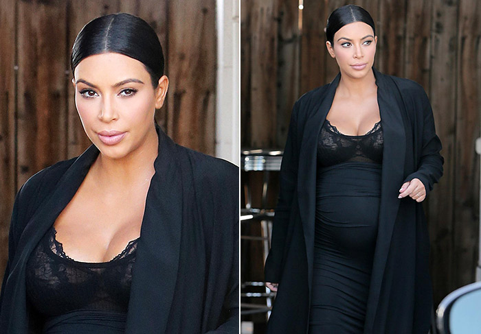 Mesmo grávida, Kim Kardashian abusa do decote em Los Angeles
