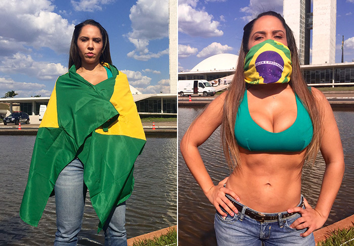 Mulher Melão protesta no Planalto coma  barriga de fora