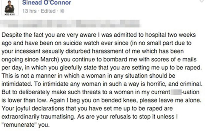 Após tentar suicídio, Sinead O’Connor chama filhos e irmã de assassinos