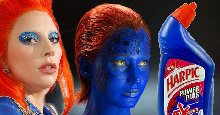 Em uma mesma imagem, internautas compararam Lady Gaga com Mística do X-Men e o produtor de limpeza Harpic