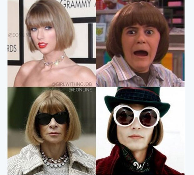 Taylor Swift foi um dos principais alvos dos internautas e seu penteado lembrou Anna Wintour, editora da Vogue, e até Willy Wonka, da Fantástica Fábrica de Chocolates