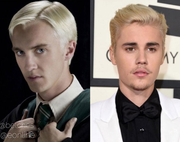 Por conta dos cabelos completamente platinados que exibiu, também durante o Grammy deste ano, Justin Bieber atiçou a criatividade de muitos internautas, chegando a ser comparado, entre outras coisas, com o personagem Draco Malfoy, interpretado por Tom Felton, nos filmes de Harry Potter