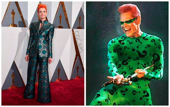 Sandy Powell, que concorria por Cinderela e Carol como figurinista, foi comparada a Coringa, personagem icônico dos filmes de Batman