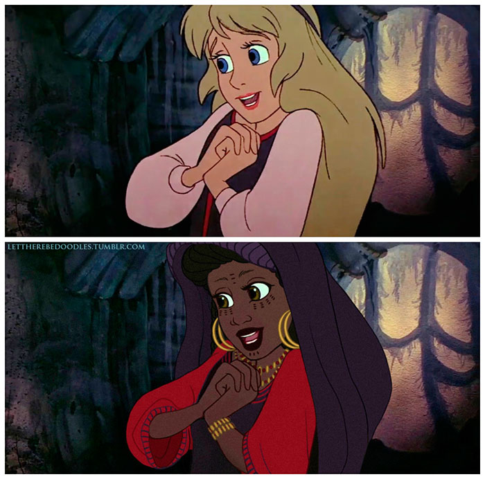 A princesa Eilonwy, conhecida pelo filme O Caldeirão Mágico (1985), surge com um look africano