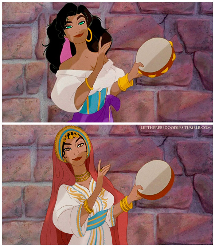 A princesa Esmeralda, de O Corcunda de Notre Dame (1996), surge irreconhecível numa versão marroquina, com olhos cor de mel