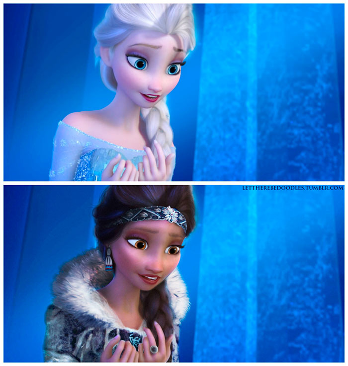Nesta imagem, a princesa Elsa irmã de Ana em Frozen - Uma Aventura Congelante (2013), também adota um look típico da cultura Inuit, membros da nação indígena esquimó que habitam as regiões árticas do Canadá, do Alasca e da Gronelândia