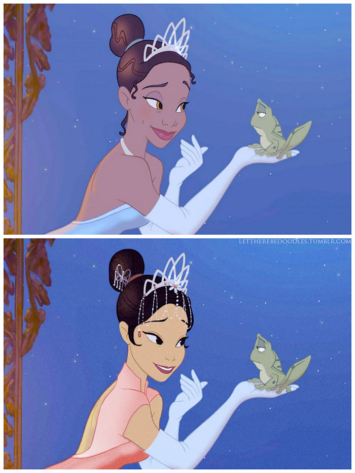 Nesta imagem, a princesa Tiana, personagem principal de A Princesa e o Sapo (2009), assume a identidade chinesa, com um tom de pele mais claro do que o habitual