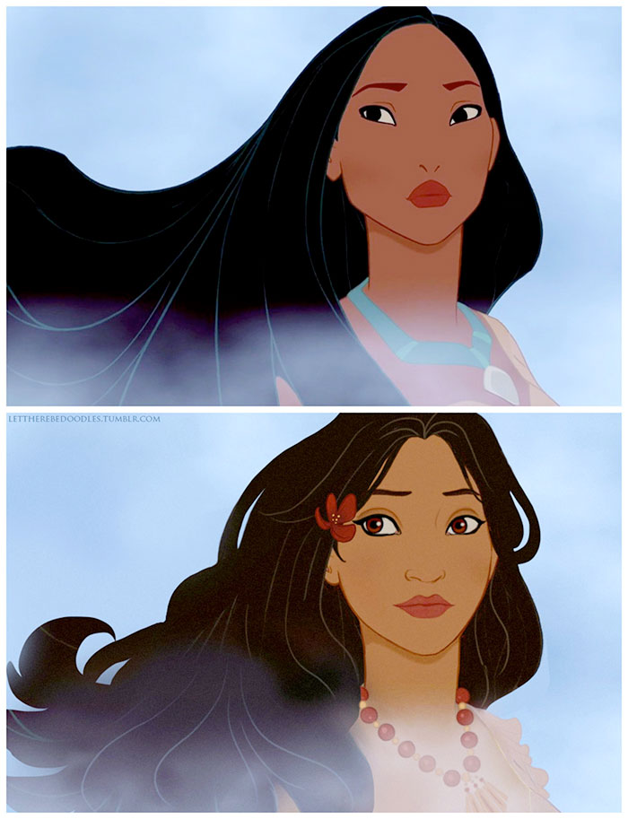 A princesa Pocahontas (1995) com um look tradicional das Ilhas do Pacífico: olhar mais expressivo, nariz e boca mais delineados