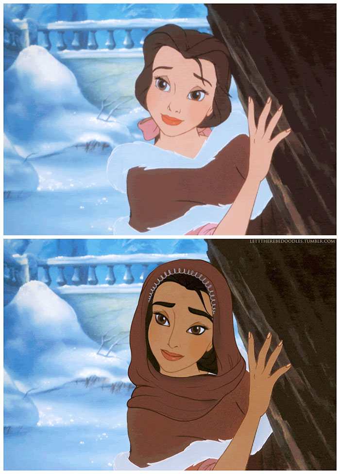 A personagem Bela, do clássico A Bela e a Fera, em versão árabe, usando um lenço que cobre parte da sua cabeça, acessório muito utilizado por essa cultura