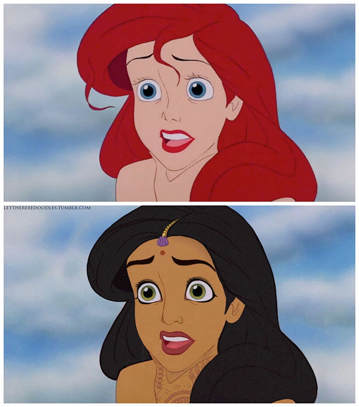 Na versão indiana, os cabelos vermelhos da princesa Ariel de A Pequena Sereia (1989) dão lugar a um tom mais escuro, que muda por completo a sua imagem. Ela ganhou também olhos verdes, no lugar dos azuis