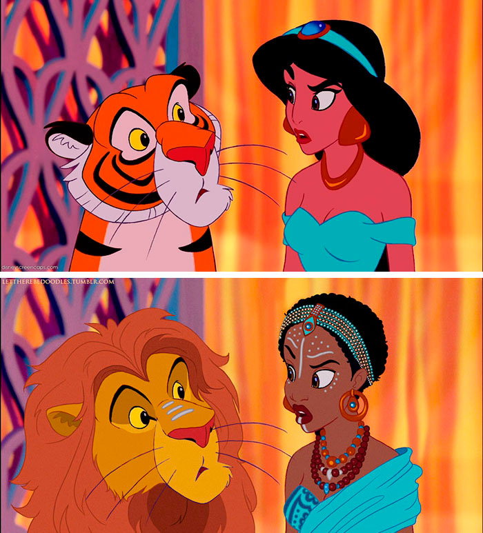 Na versão africana, a princesa Jasmine, de Aladdin (1992) surge de cabelo bem curto e crespo. O tigre da história também foi trocado por um leão!