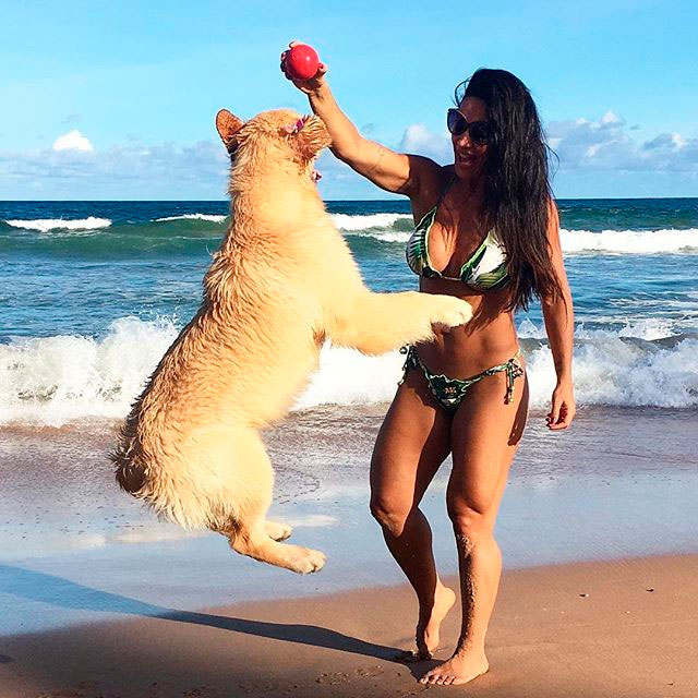Scheila Carvalho ostenta corpão ao brincar com pet na praia