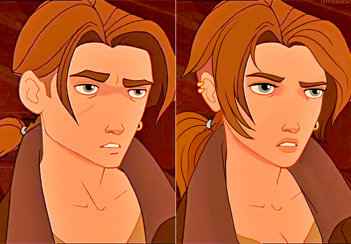 Jim Hawkins, do Planeta do Tesouro (2002), ganhou franja maior, cílios bem delineados, lábios carnudos e brincos