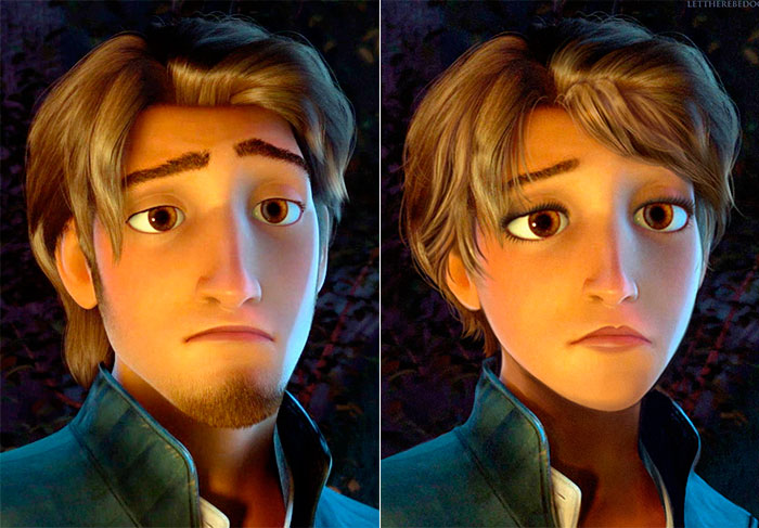 Flynn Rider, de Enrolados (2010), recebeu cílios mais demarcados, pele lisinha, lábios delineados e um corte de cabelo bem estiloso