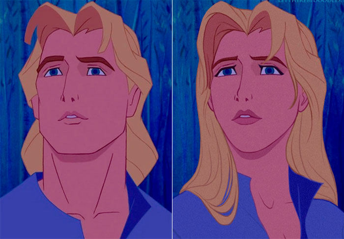 John Smith é um personagem do filme Pocahontas (1995): boca mais marcada, o rosto quadrado se tornou oval e delicado, os cabelos ganharam comprimento e o olhar ganhou um toque de delineador