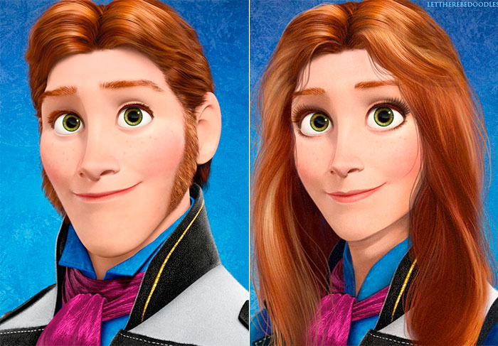 Príncipe Hans das Ilhas do Sul é o principal antagonista no filme de animação da Disney de 2013 Frozen: Uma Aventura Congelante. Cabelos longos, rosto mais fino, olhar expressivo com cílios maiores e sobrancelhas finas marcam a transformação desse galã