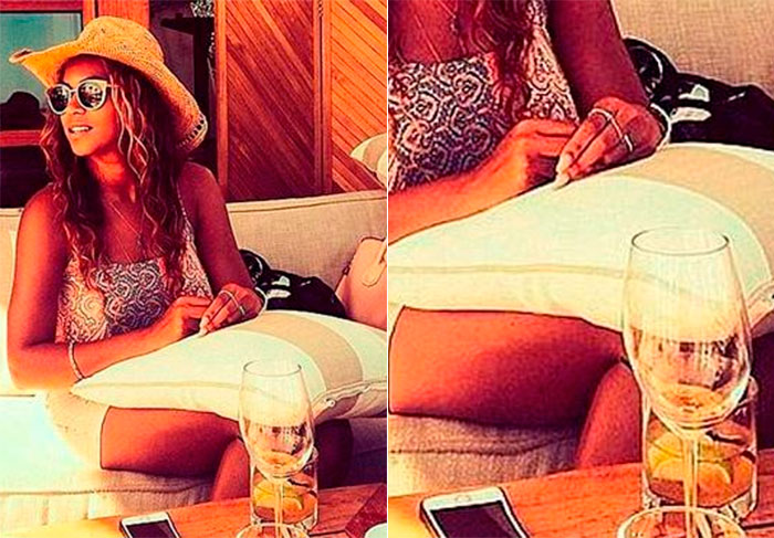 Beyoncé é maravilhosa, mas também caiu em uma cilada no Photoshop. Ao retocar um clique em que aparece com as pernas de fora, a taça de vinho acabou ficando bem esquisita e os seguidores rapidamente apontaram o erro no clique, que foi feito durante uma viagem de férias da cantora