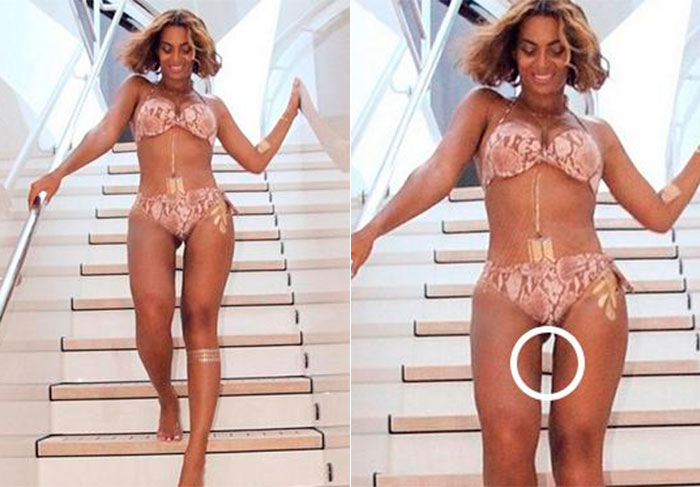 Beyoncé até que tentou, mas os internautas de plantão notaram um degrau meio torto em uma foto que a cantora postou em seu site oficial, durante as férias com a família. No meio das pernas da diva do pop, apareceu uma leve distorção e o clique bombou