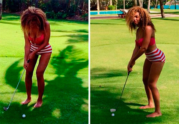 Em outro momento férias de Beyoncé, postou uma foto enquanto jogava golf. Bem à vontade, a mulher de Jay-Z quis postar uma foto com as pernas de fora, mas acabou usando o Photoshop e deixou a sua perna esquerda um pouco estranha