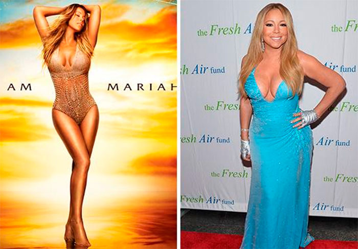 Mariah Carey sempre foi alvo de críticas pelo excesso de Photoshop em suas fotos. A cantora chegou a lançar um álbum em 2014, onde aparecia super magra e esbelta, mas a realidade não condizia com o que era visto na capa do CD e os fãs não gostaram muito do que viram, já que estava bem diferente da Mariah que era clicada na vida real