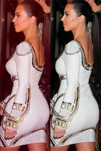 Kim Kardashian usou suas redes sociais para postar um clique antigo, de 2010, em que aparece com um vestido branco bem justinho. Porém, a socialite não passa batido aos olhos dos milhões de seguidores, que logo acharam a foto original daquela época e notaram que haviam alguns detalhes diferentes na foto, como o tamanho do bumbum
