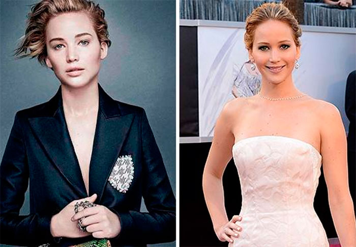 Jennifer Lawrence também ficou bem diferente na campanha da Dior. No clique oficial, o rosto da atriz foi tão modificado, que mal dava para reconhecer seus traços naturais