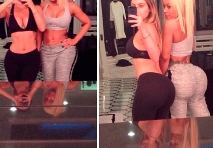 Kim Kardashian resolveu fazer uma pose bem provocante e ostentar seu bumbum avantajado ao lado de uma amiga que também tinha um popozão, mas acabou sendo flagrada. Tudo por que, os móveis na parte de trás da foto estavam bem distorcidos