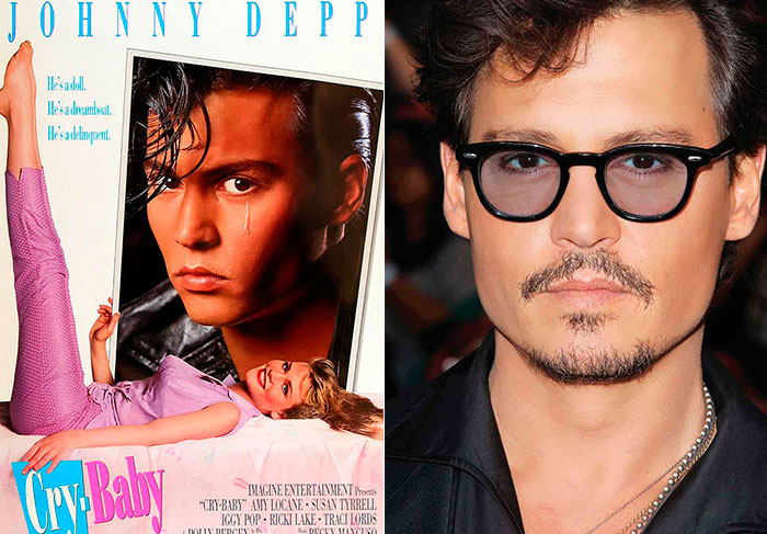 Johnny Depp aparece na capa do filme Cry Baby, em 1990, com carinha de menino. Atualmente, no alto de seus 52 anos, Depp já encarou vários personagens, fez várias mudanças para todos eles e segue com olhar de galã
