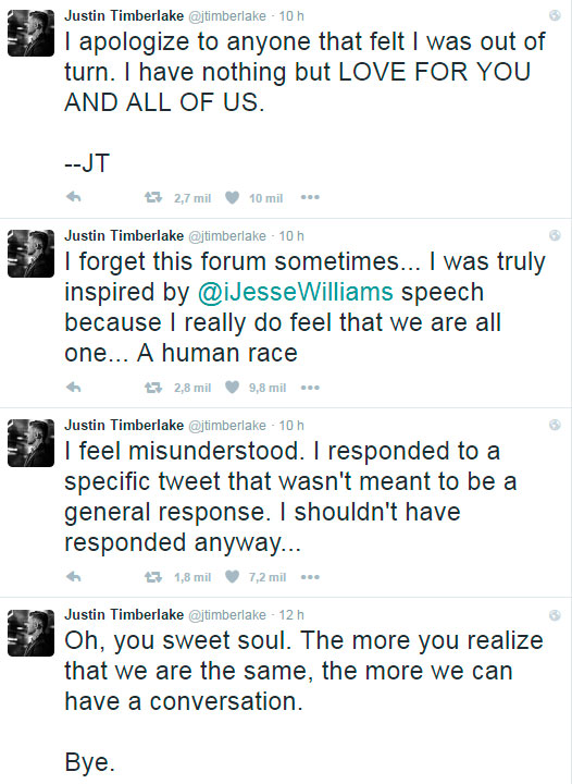Justin Timberlake se envolve em polêmica racista no Twitter
